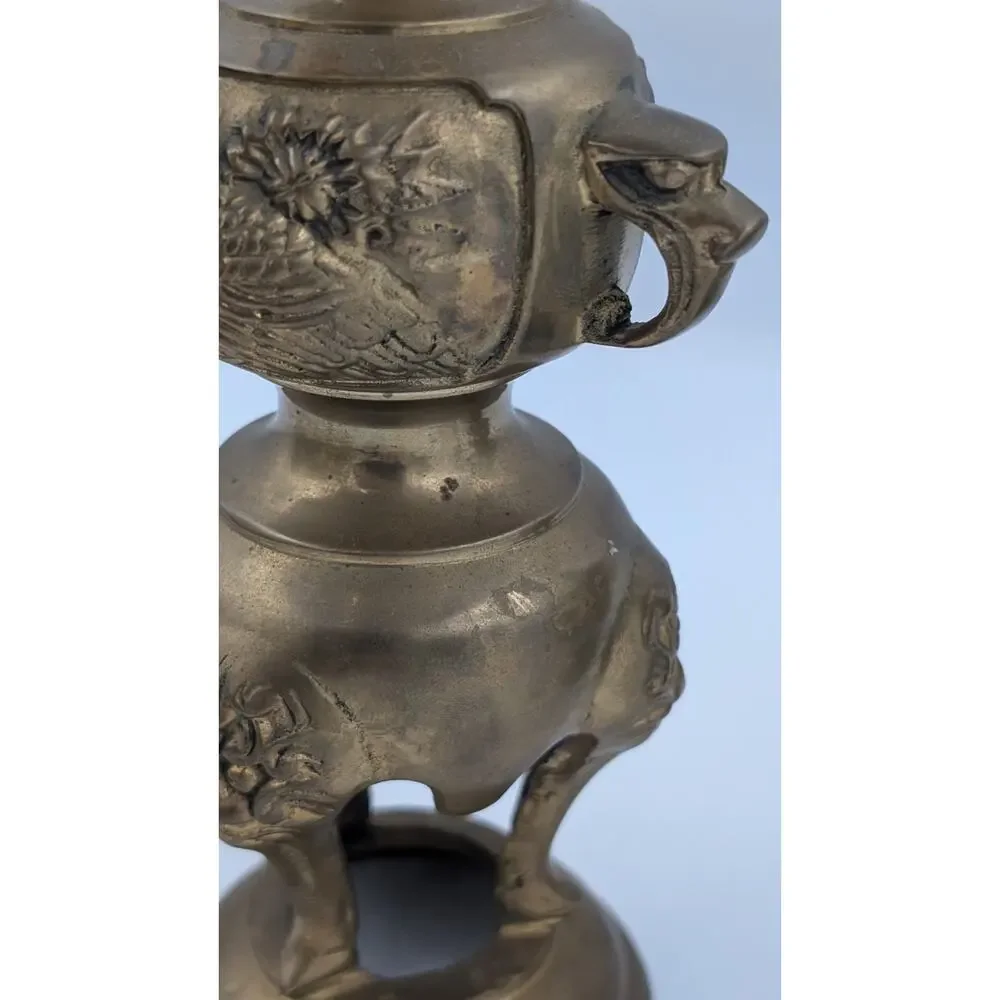 Ornate Oriental Brass Candle Holders Set of 3 - Flowers Birds Fu Dogs